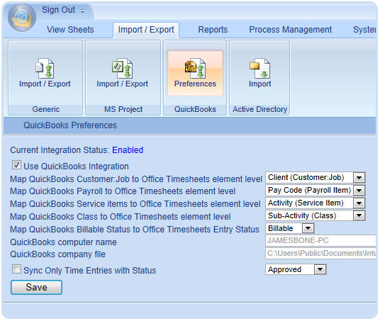 Time Tracking Preference Setting for QuickBook in Office Timesheets